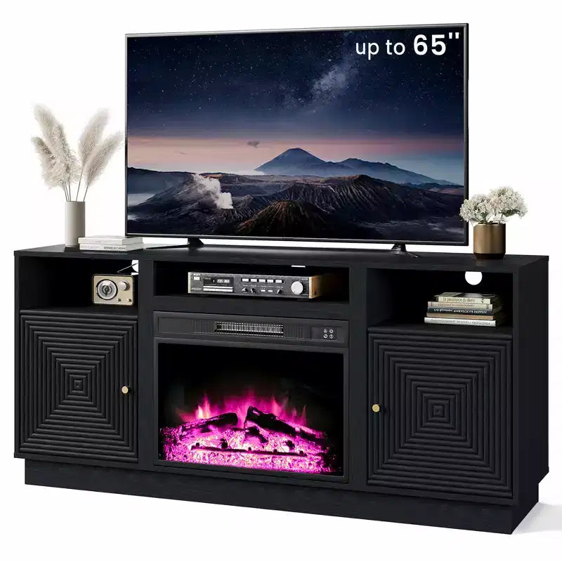 Meuble TV de cheminée Heynemo 59'' pour téléviseurs jusqu'à 65'' avec rangement et étagères réglables
