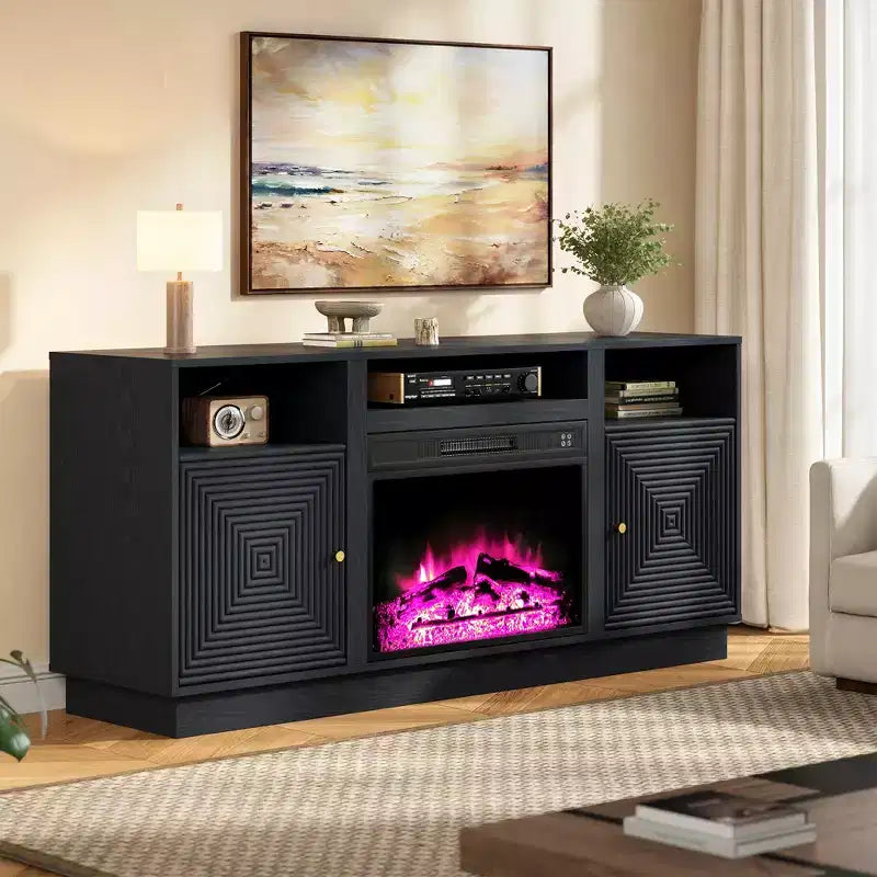 Meuble TV de cheminée Heynemo 59'' pour téléviseurs jusqu'à 65'' avec rangement et étagères réglables