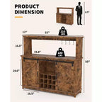 Meuble Bar-Café 55" avec lumières LED et prise de courant, porte de grange, support à verres à vin et rangement pour salle à manger