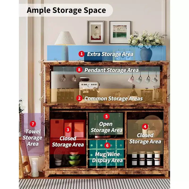 Meuble Bar-Café 55" avec lumières LED et prise de courant, porte de grange, support à verres à vin et rangement pour salle à manger