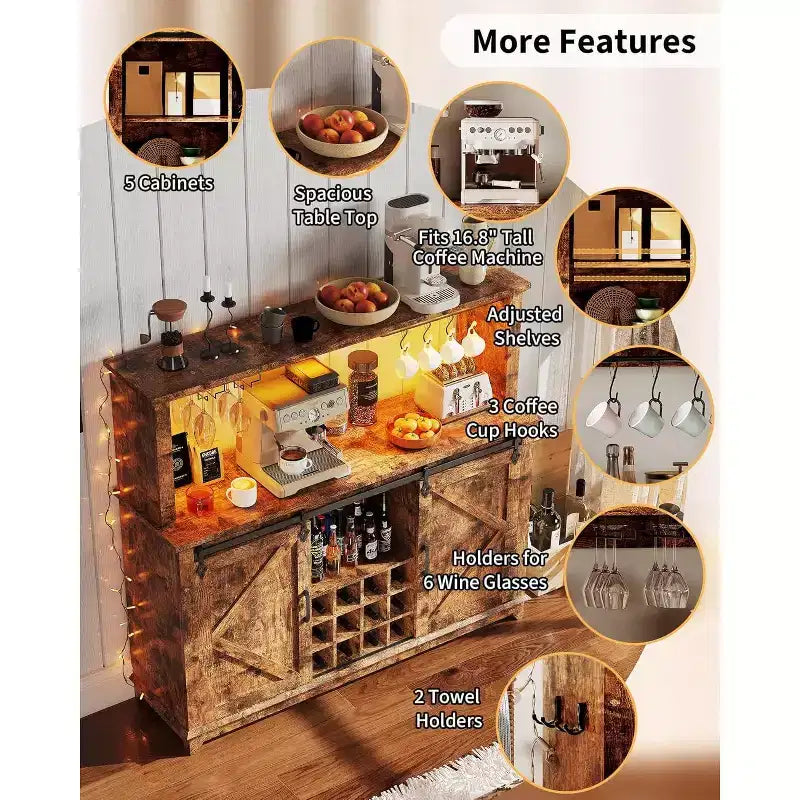 Meuble Bar-Café 55" avec lumières LED et prise de courant, porte de grange, support à verres à vin et rangement pour salle à manger