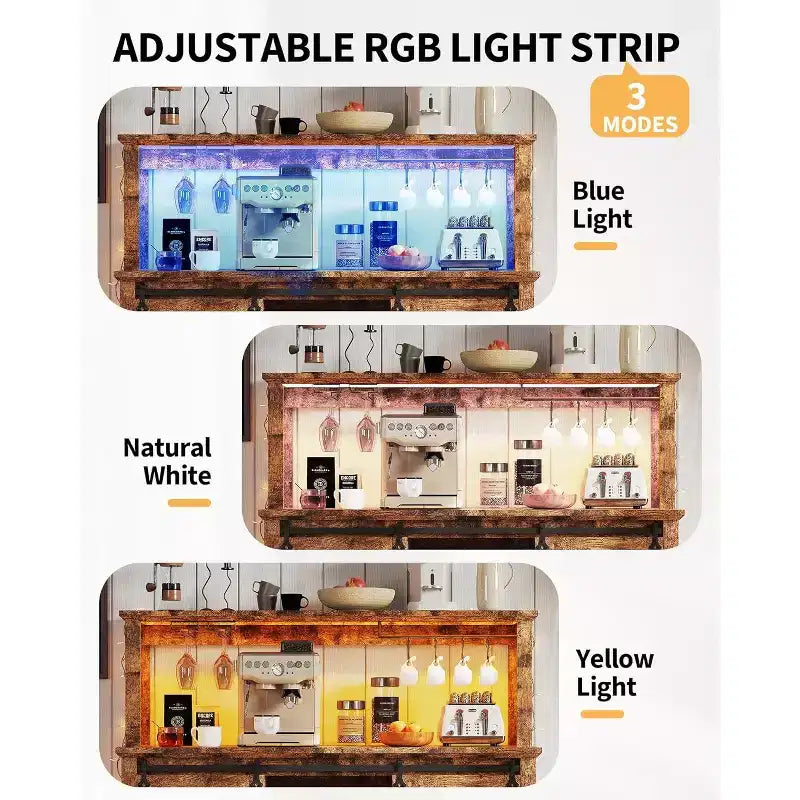 Meuble Bar-Café 55" avec lumières LED et prise de courant, porte de grange, support à verres à vin et rangement pour salle à manger