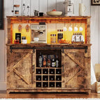 Meuble Bar-Café 55" avec lumières LED et prise de courant, porte de grange, support à verres à vin et rangement pour salle à manger