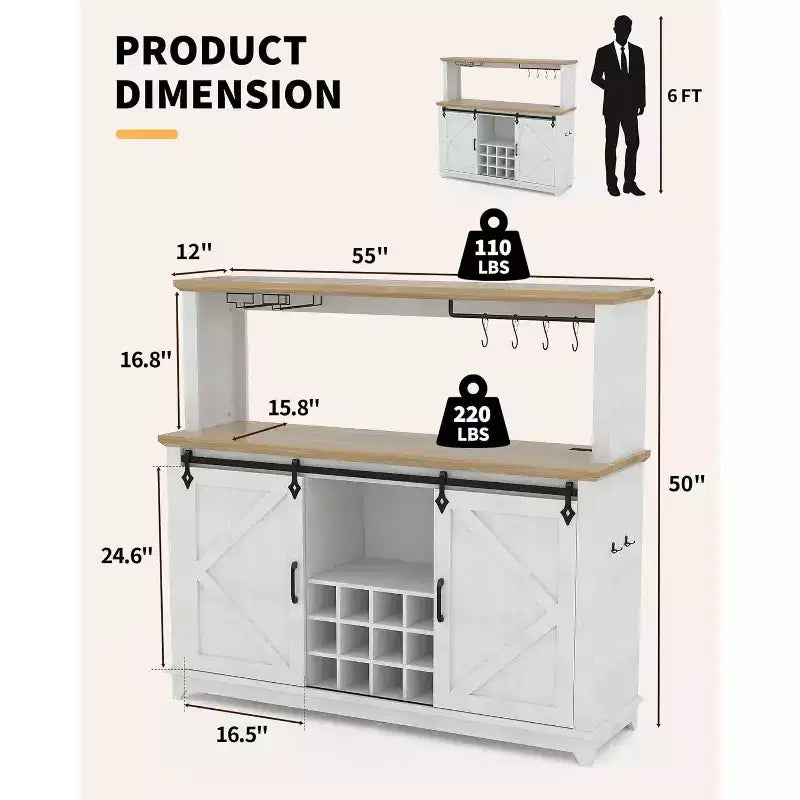 Meuble Bar-Café 55" avec lumières LED et prise de courant, porte de grange, support à verres à vin et rangement pour salle à manger