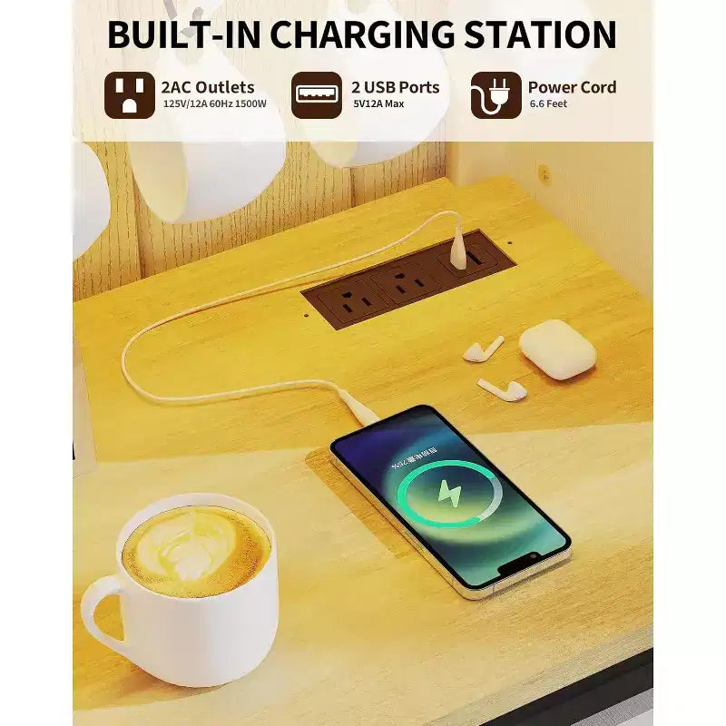 Meuble Bar-Café 55" avec lumières LED et prise de courant, porte de grange, support à verres à vin et rangement pour salle à manger