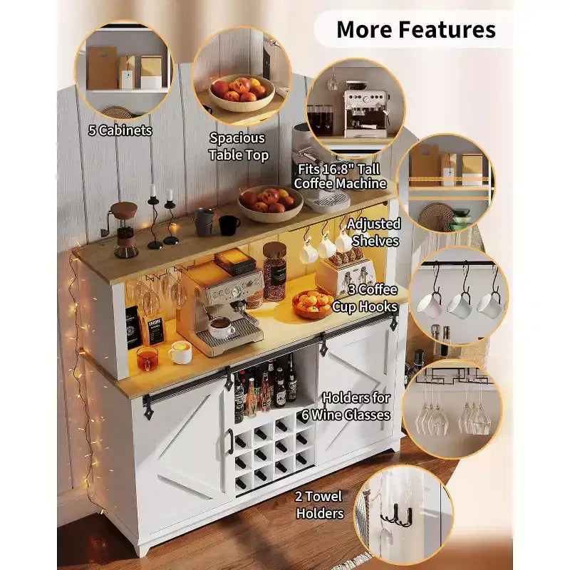 Meuble Bar-Café 55" avec lumières LED et prise de courant, porte de grange, support à verres à vin et rangement pour salle à manger