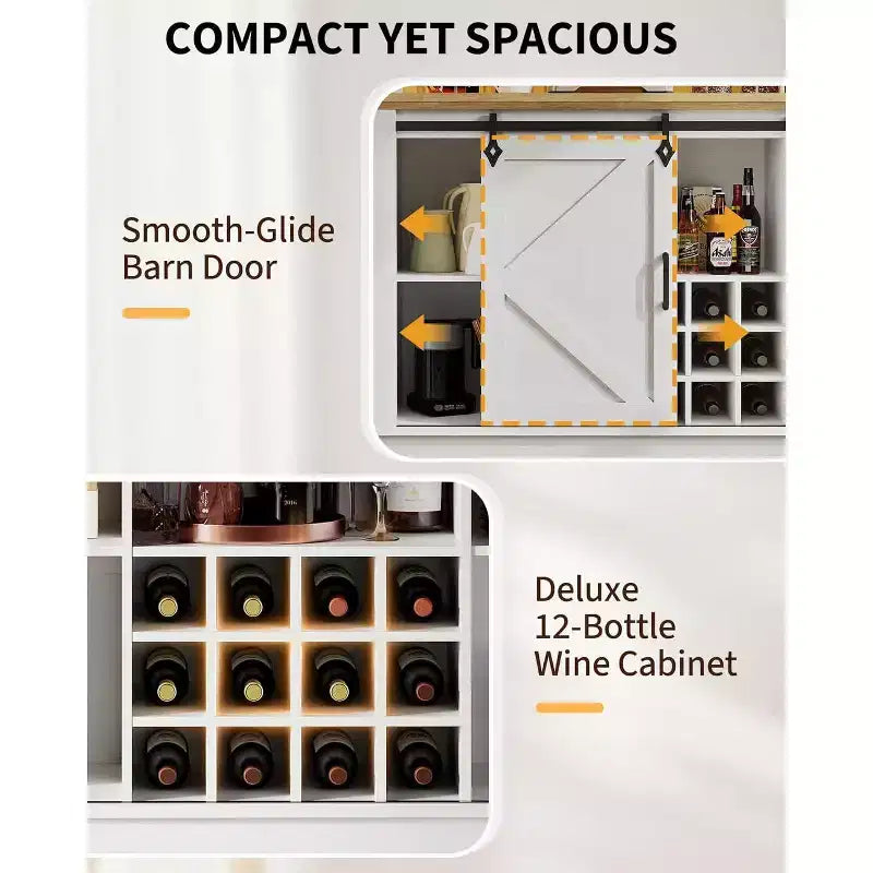 Meuble Bar-Café 55" avec lumières LED et prise de courant, porte de grange, support à verres à vin et rangement pour salle à manger
