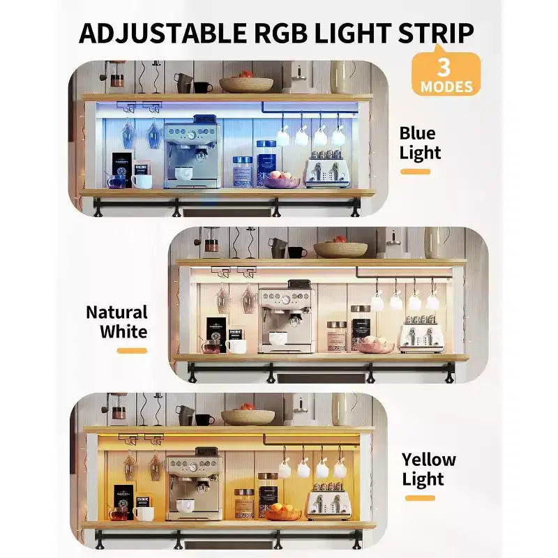 Meuble Bar-Café 55" avec lumières LED et prise de courant, porte de grange, support à verres à vin et rangement pour salle à manger
