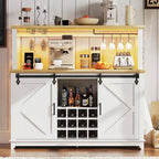 Meuble Bar-Café 55" avec lumières LED et prise de courant, porte de grange, support à verres à vin et rangement pour salle à manger