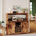 Meuble Bar-Café 55" avec lumières LED et prise de courant, porte de grange, support à verres à vin et rangement pour salle à manger