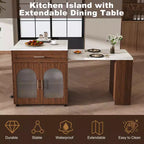 Îlot de cuisine mobile de 80 pouces avec comptoir extensible à grain de marbre, armoire, tiroirs et espace repas, finition noyer pour la préparation et le repas dans la cuisine