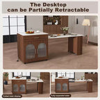 Îlot de cuisine mobile de 80 pouces avec comptoir extensible à grain de marbre, armoire, tiroirs et espace repas, finition noyer pour la préparation et le repas dans la cuisine