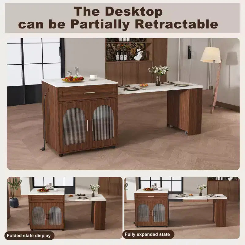 Îlot de cuisine mobile de 80 pouces avec comptoir extensible à grain de marbre, armoire, tiroirs et espace repas, finition noyer pour la préparation et le repas dans la cuisine