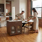 Îlot de cuisine mobile de 80 pouces avec comptoir extensible à grain de marbre, armoire, tiroirs et espace repas, finition noyer pour la préparation et le repas dans la cuisine