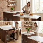 Îlot de cuisine mobile de 80 pouces avec comptoir extensible à grain de marbre, armoire, tiroirs et espace repas, finition noyer pour la préparation et le repas dans la cuisine