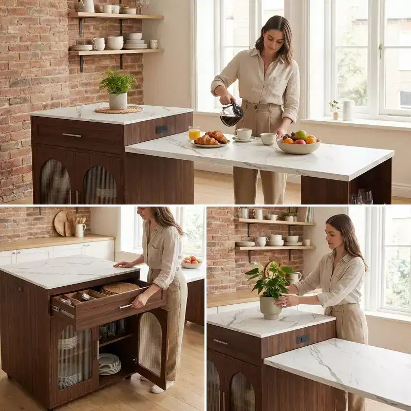 Îlot de cuisine mobile de 80 pouces avec comptoir extensible à grain de marbre, armoire, tiroirs et espace repas, finition noyer pour la préparation et le repas dans la cuisine