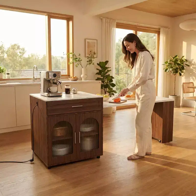 Îlot de cuisine mobile de 80 pouces avec comptoir extensible à grain de marbre, armoire, tiroirs et espace repas, finition noyer pour la préparation et le repas dans la cuisine