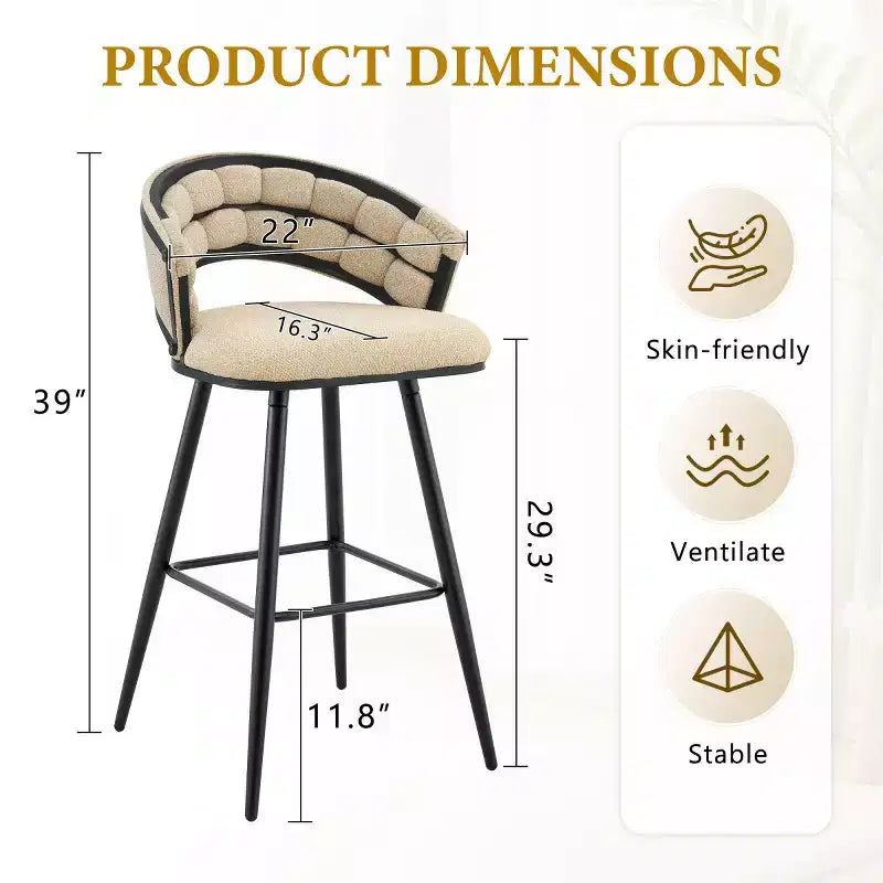 Lot de 2 tabourets de bar modernes rembourrés avec dossier incurvé, hauteur d'assise de 73,7 cm, pieds en fer noir pour îlot de cuisine ou bar à domicile-Panipeachy