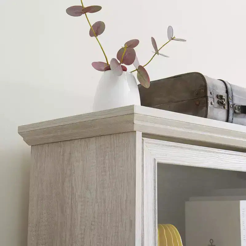 VIYET 63 Meuble vitrine à 4 niveaux en verre, meuble de collection en MDF blanc + verre trempé (portes relevables pour objets de collection/jouets/livres)