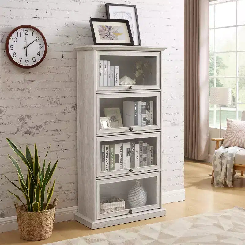 VIYET 63 Meuble vitrine à 4 niveaux en verre, meuble de collection en MDF blanc + verre trempé (portes relevables pour objets de collection/jouets/livres)