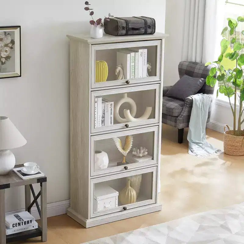 VIYET 63 Meuble vitrine à 4 niveaux en verre, meuble de collection en MDF blanc + verre trempé (portes relevables pour objets de collection/jouets/livres)