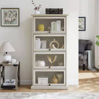 VIYET 63 Meuble vitrine à 4 niveaux en verre, meuble de collection en MDF blanc + verre trempé (portes relevables pour objets de collection/jouets/livres)