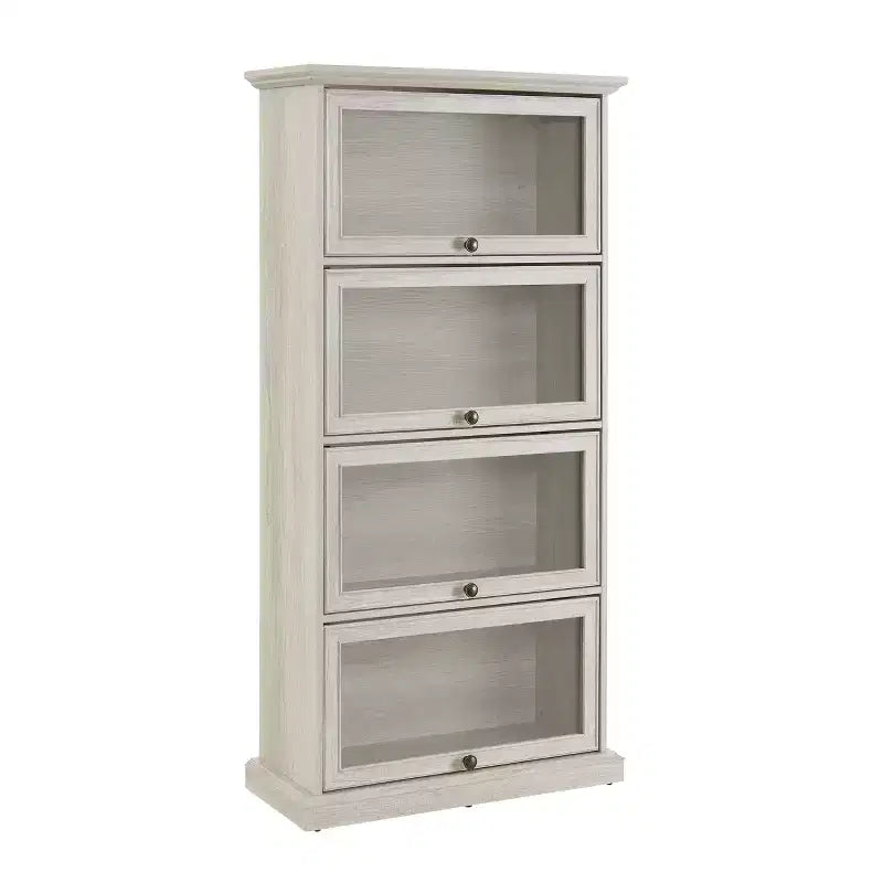 VIYET 63 Meuble vitrine à 4 niveaux en verre, meuble de collection en MDF blanc + verre trempé (portes relevables pour objets de collection/jouets/livres)