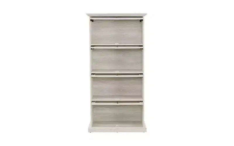 VIYET 63 Meuble vitrine à 4 niveaux en verre, meuble de collection en MDF blanc + verre trempé (portes relevables pour objets de collection/jouets/livres)