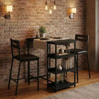 Ensemble de table de cuisine 3 pièces avec étagères de rangement et 2 chaises rembourrées - Table à manger en fer et bois pour petits espaces, appartements, copropriétés