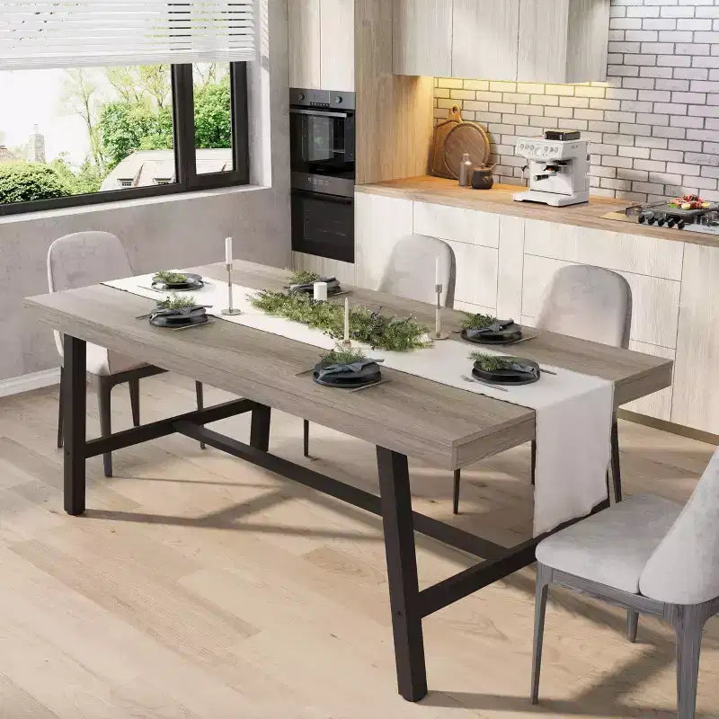 Table à manger industrielle de 70,87 po pour 6 à 8 personnes, longue table de cuisine en bois avec cadre métallique robuste et finition noire, peut accueillir 6 personnes (comptoir rectangulaire)