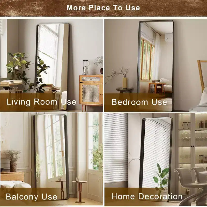 Miroir sur pied Likepay pleine longueur avec coins arrondis, en métal noir, design minimaliste et moderne