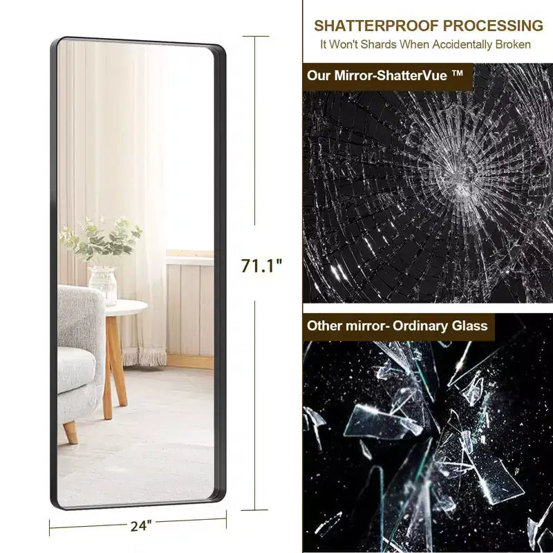 Miroir sur pied Likepay pleine longueur avec coins arrondis, en métal noir, design minimaliste et moderne