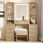 JVNOXK 43.5-inch Modern Vanity Set with Mirror and Light, Featuring Drawers, Clear Glass Cabinet, Includes Stool and Charging Station, Oak
