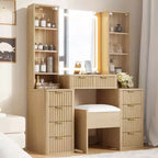 JVNOXK Coiffeuse moderne de 43,5 pouces avec miroir et lumière, tiroirs, armoire en verre transparent, incluant tabouret et station de charge, Chêne