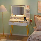 Coiffeuse LED 31,5" avec miroir et éclairage 3 couleurs - Table de maquillage avec prise de courant et 2 tiroirs pour chambre à coucher