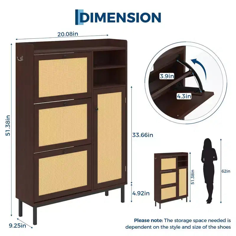 Meuble à chaussures autoportant en rotin avec 3 tiroirs basculants et 5 étagères, organisateur de rangement de chaussures peu encombrant pour entrée ou couloir