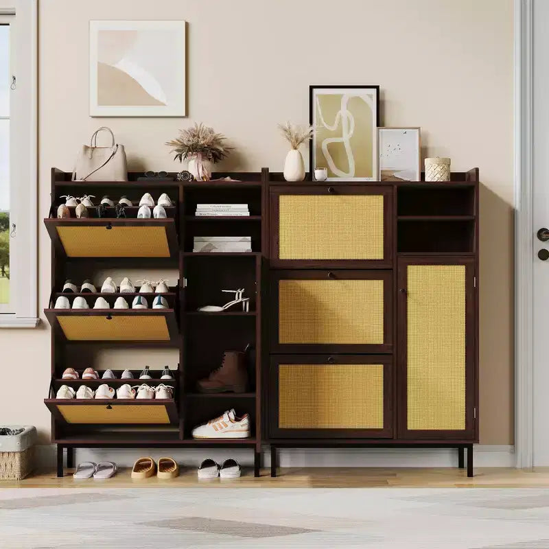 Meuble à chaussures autoportant en rotin avec 3 tiroirs basculants et 5 étagères, organisateur de rangement de chaussures peu encombrant pour entrée ou couloir