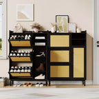 Meuble à chaussures autoportant en rotin avec 3 tiroirs basculants et 5 étagères, organisateur de rangement de chaussures peu encombrant pour entrée ou couloir