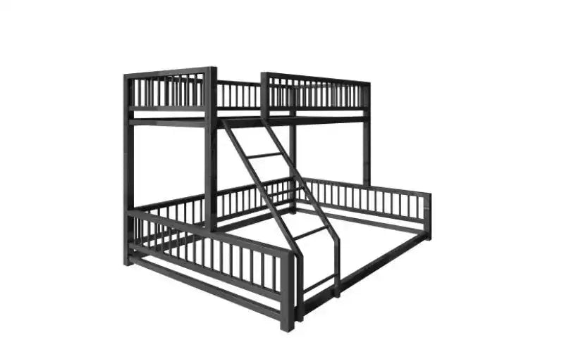 Bellemave Lit Superposé au Sol Jumeau XL sur Grand Lit avec Échelle et Barrières de Sécurité, Lit Superposé au Sol en Métal avec Design Détachable, Facile à Assembler, Noir