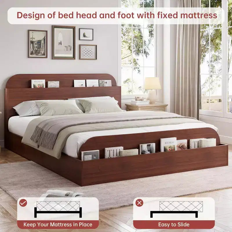 Cadre de lit en bois avec tête de lit de rangement – Lit plateforme bas pour enfant avec pied de lit surélevé, lattes en bois robustes (pas besoin de sommier tapissier)