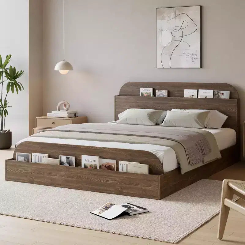 Cadre de lit en bois avec tête de lit de rangement – Lit plateforme bas pour enfant avec pied de lit surélevé, lattes en bois robustes (pas besoin de sommier tapissier)