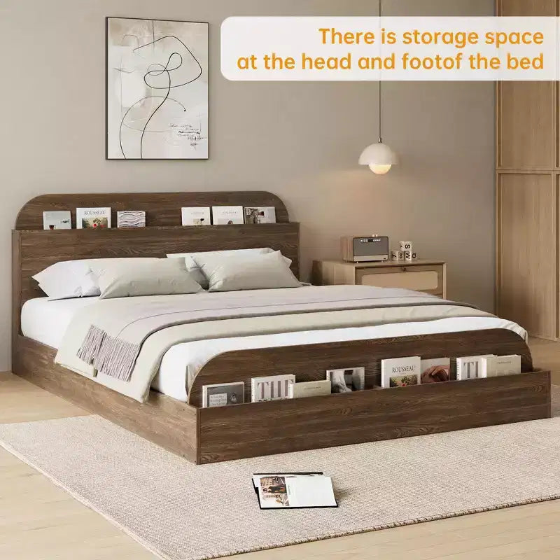 Cadre de lit en bois avec tête de lit de rangement – Lit plateforme bas pour enfant avec pied de lit surélevé, lattes en bois robustes (pas besoin de sommier tapissier)