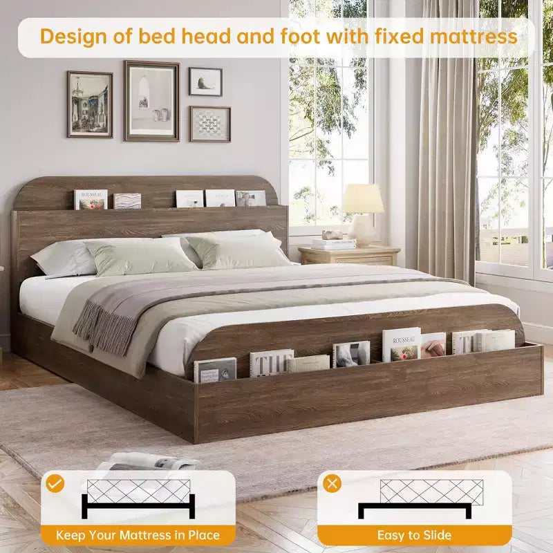 Cadre de lit en bois avec tête de lit de rangement – Lit plateforme bas pour enfant avec pied de lit surélevé, lattes en bois robustes (pas besoin de sommier tapissier)