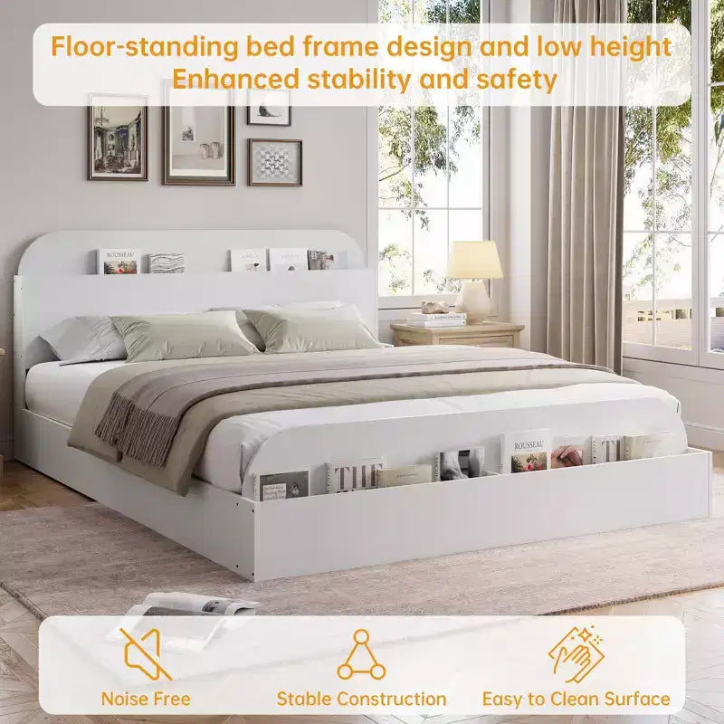 Cadre de lit en bois avec tête de lit de rangement – Lit plateforme bas pour enfant avec pied de lit surélevé, lattes en bois robustes (pas besoin de sommier tapissier)