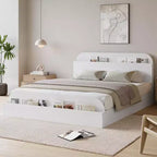 Cadre de lit en bois avec tête de lit de rangement – Lit plateforme bas pour enfant avec pied de lit surélevé, lattes en bois robustes (pas besoin de sommier tapissier)