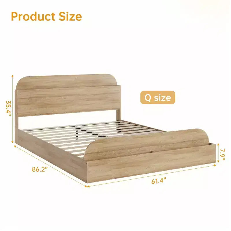 Cadre de lit en bois avec tête de lit de rangement – Lit plateforme bas pour enfant avec pied de lit surélevé, lattes en bois robustes (pas besoin de sommier tapissier)