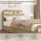 Cadre de lit en bois avec tête de lit de rangement – Lit plateforme bas pour enfant avec pied de lit surélevé, lattes en bois robustes (pas besoin de sommier tapissier)