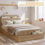 Cadre de lit en bois avec tête de lit de rangement – Lit plateforme bas pour enfant avec pied de lit surélevé, lattes en bois robustes (pas besoin de sommier tapissier)