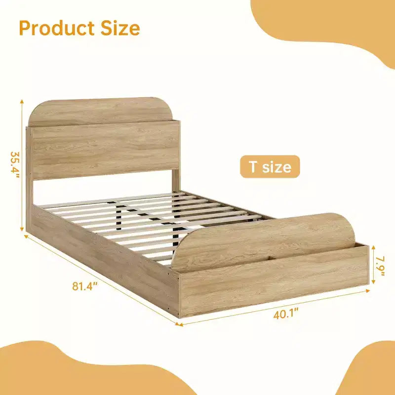 Cadre de lit en bois avec tête de lit de rangement – Lit plateforme bas pour enfant avec pied de lit surélevé, lattes en bois robustes (pas besoin de sommier tapissier)