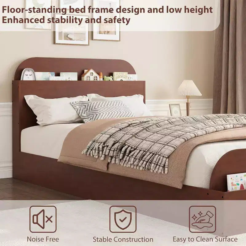 Cadre de lit en bois avec tête de lit de rangement – Lit plateforme bas pour enfant avec pied de lit surélevé, lattes en bois robustes (pas besoin de sommier tapissier)